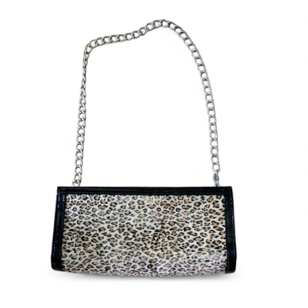 Vintage 90s Leopard Faux Fur Shoulder Bag Y2K Chain Strap Clutch